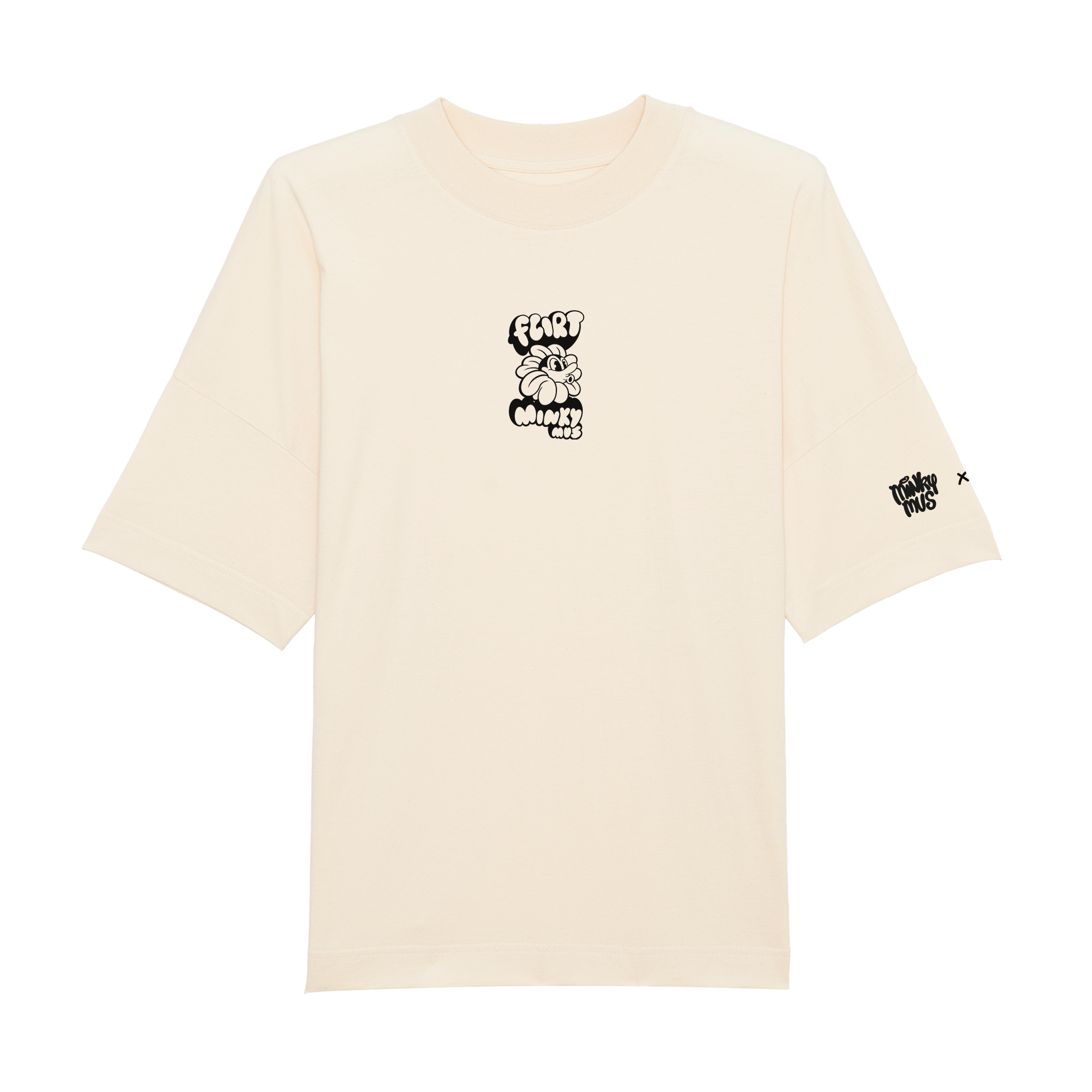 Unisex Minky Mus x FLIRT taske lavet af økologisk bomuld, er PETA vegan approved og GOTS certificeret. Findes i beige, som en minimalistisk dansk oversized streetwear t-shirt til kvinder og mænd.